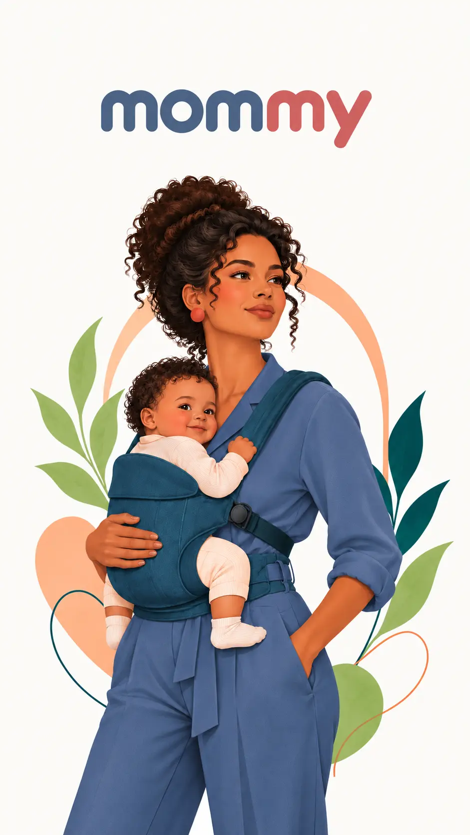 Arte da Mommy: mulher de cabelo cacheado e roupa azul carrega seu bebê em um sling, com postura confiante.